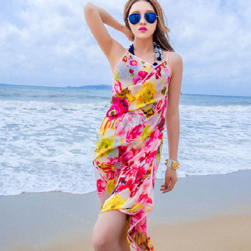 Women Floral Sunblock Spaghetti Straps Dress Beach-towel Bikini Cover ...